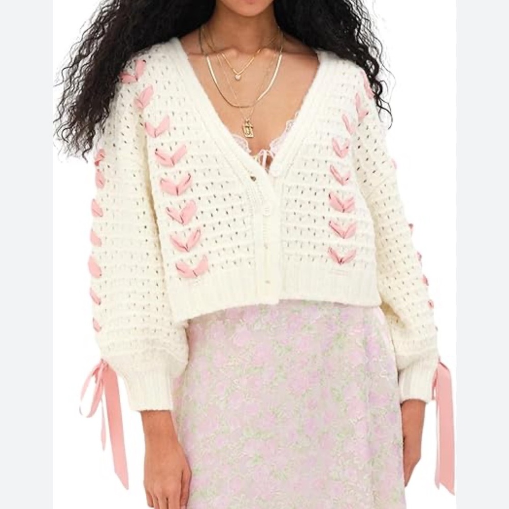 Cropped Cream V-Neck Sweater Cardigan with Pink Ribbon Accent